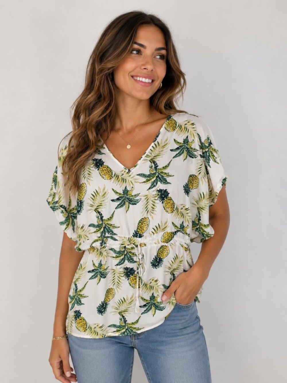 Blue Island Pineapple Tropical Print Rayon Blouse Large Hawaiian Beach Vacation